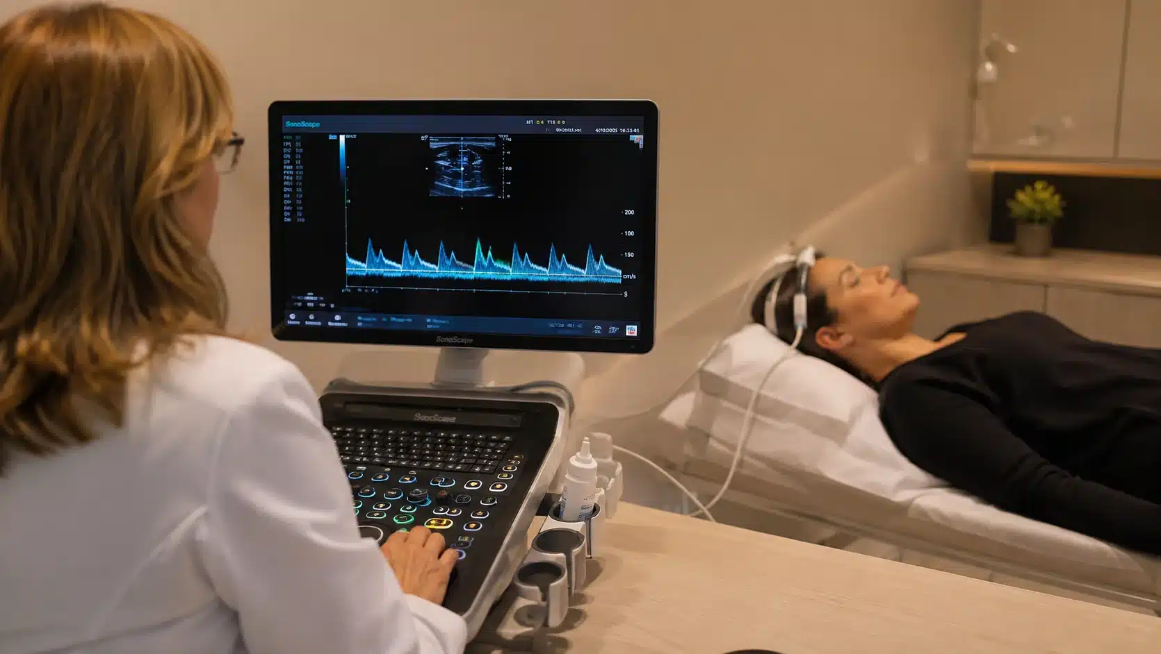 Paciente realizando Doppler Transcraniano com microbolhas para pesquisa de shunt direita-esquerda
